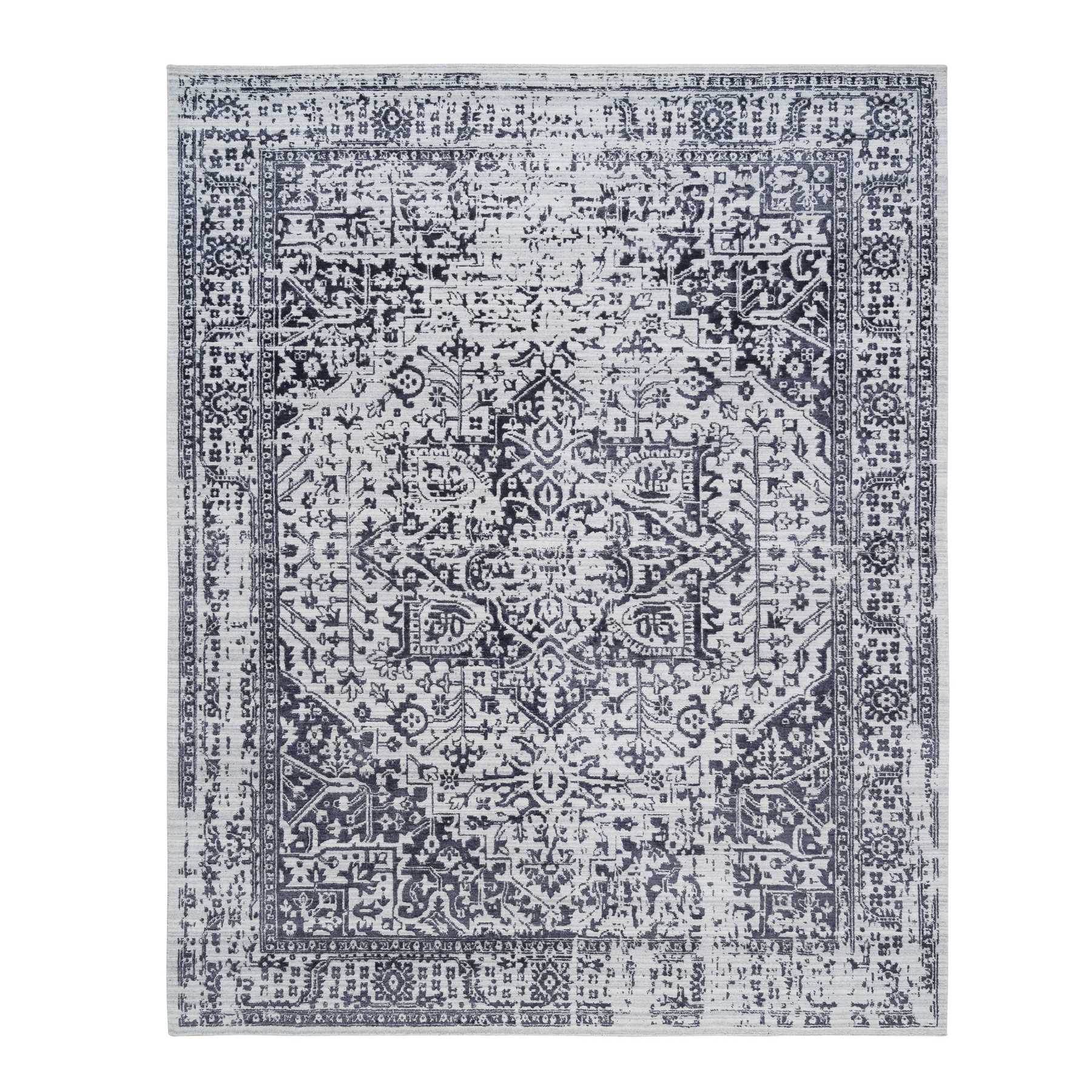 8'10"x11'10" Charcoal Black, Erased Serapi Heriz Design, Jacquard Hand Loomed, Wool and Plant Based Silk, Oriental Rug 